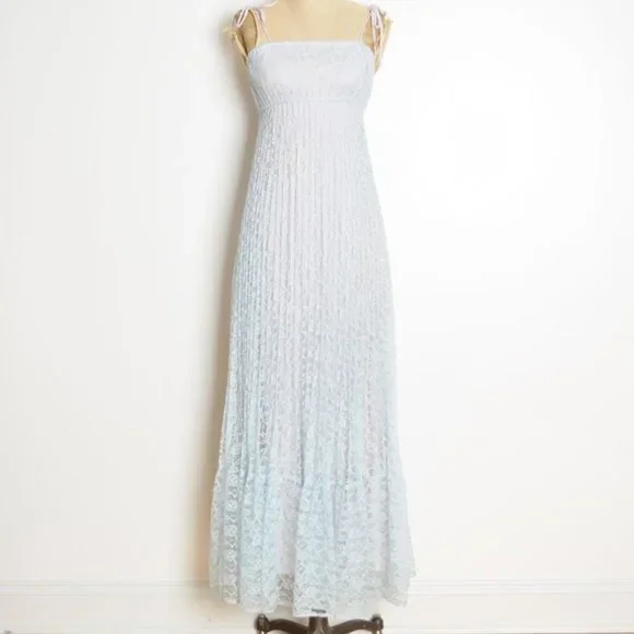 vintage 70s sun dress blue lace empire waist long maxi prom party hippie boho XS - Picture 2 of 9